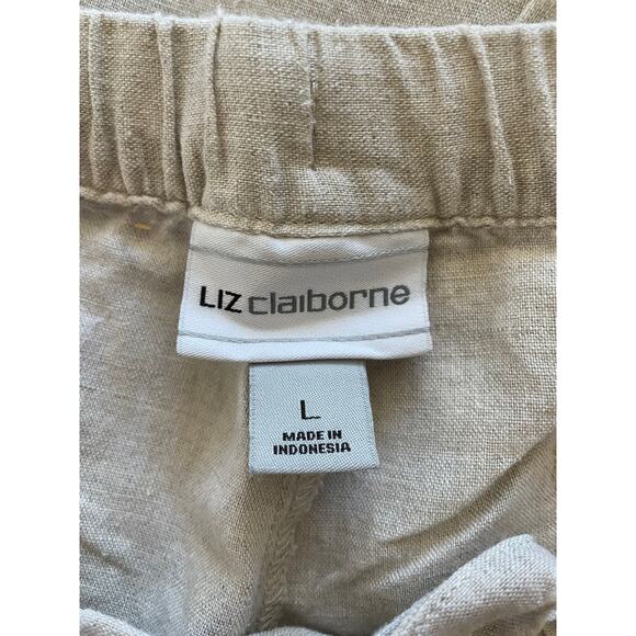 Liz Claiborne Womens Large Pants Linen/Cotton Tan Pockets Tie Close Some Pilling - Picture 3 of 12